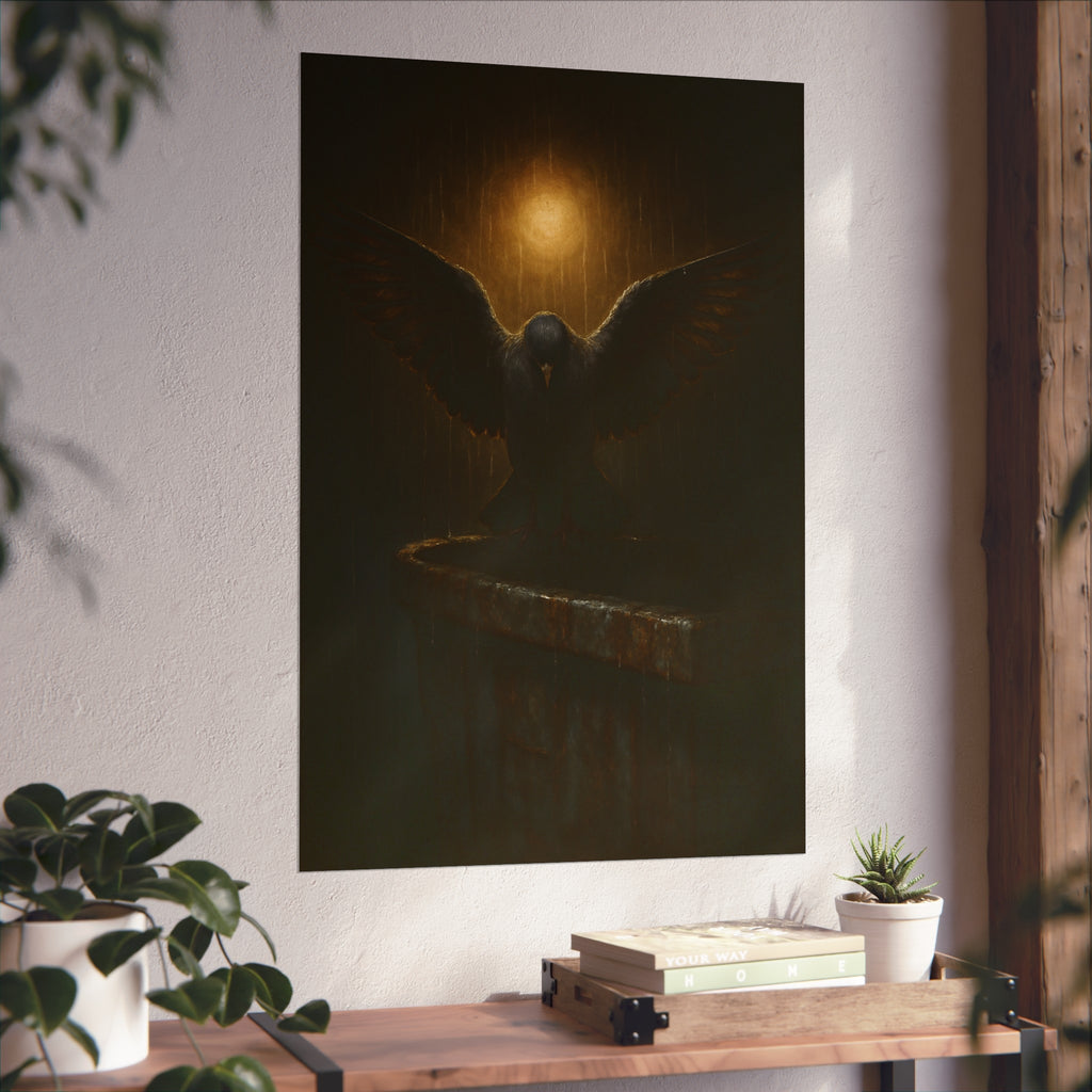 A pigeon with wings spread on a dumpster rim under a lamp in the rain. The Passion (Study in Rain) by Garabaggio, fine art print hanging in a room.