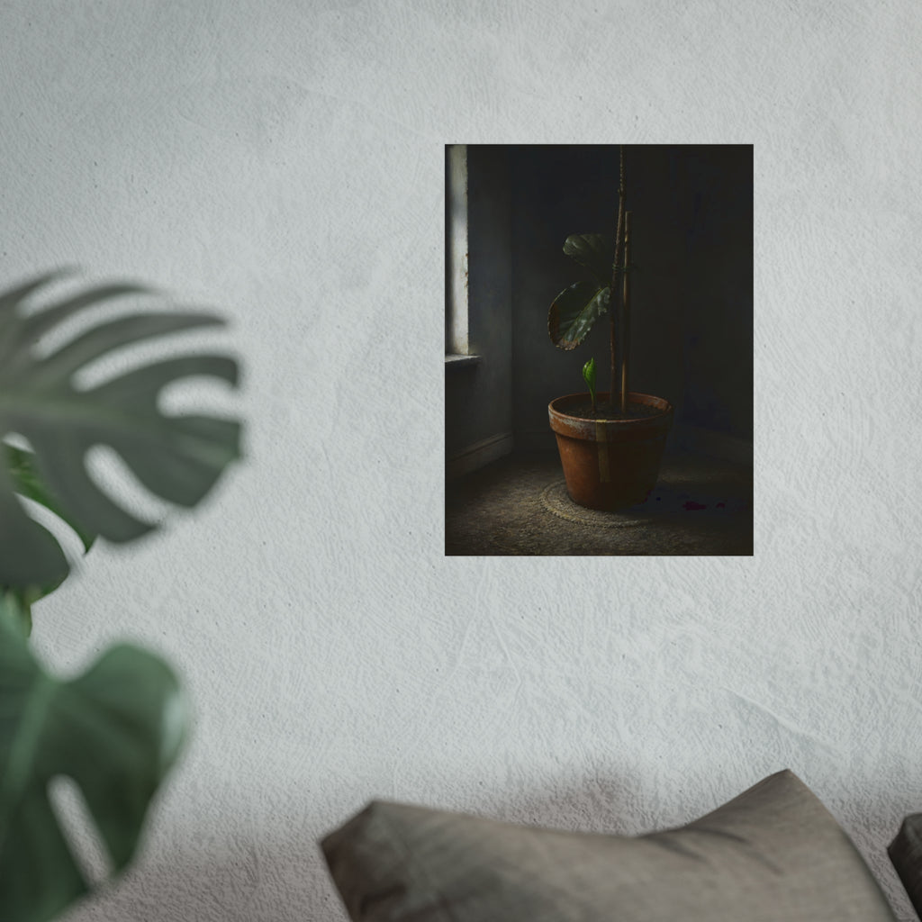 A potted plant down to two curled leaves and one new sprout by a window. The Corner by the Window Again by Garabaggio, fine art print hanging in a room.