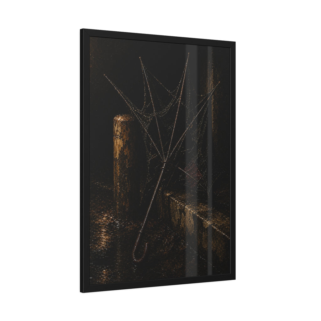 A broken umbrella with torn fabric leaning against a post on a wet curb. The Crown of Ribs by Garabaggio, framed fine art print hanging in a room.