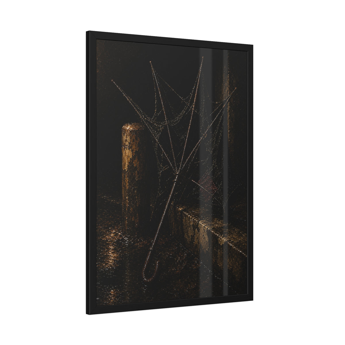 A broken umbrella with torn fabric leaning against a post on a wet curb. The Crown of Ribs by Garabaggio, framed fine art print hanging in a room.