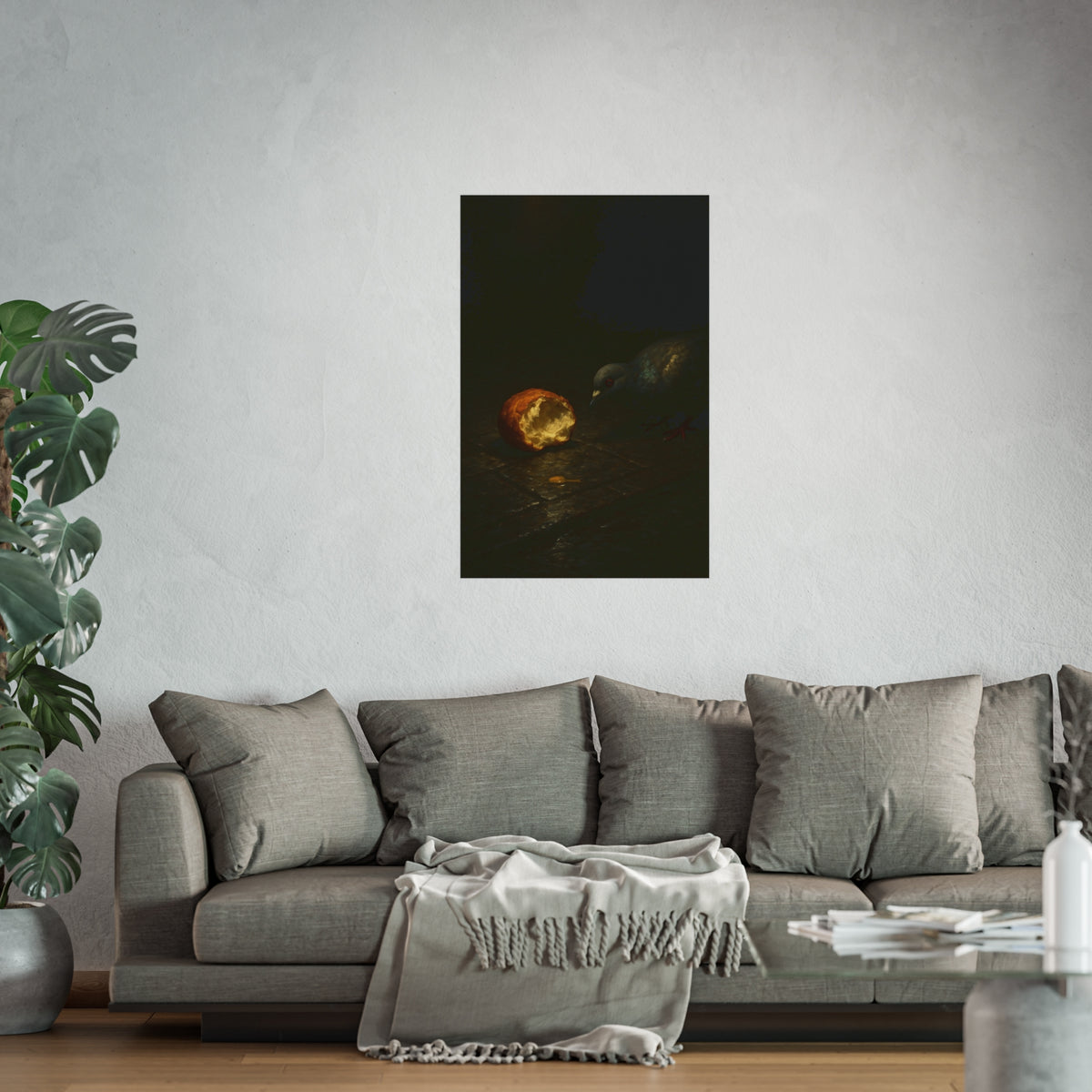 A pigeon leaning toward a torn bread roll on wet paving stones. The Offering of the Discarded Bun by Garabaggio, fine art print hanging in a room.