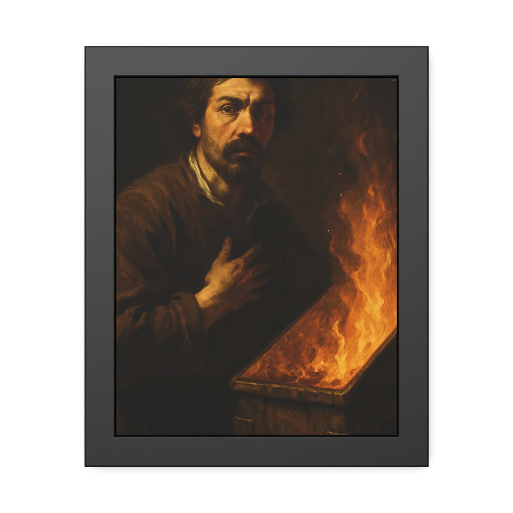 Man with a hand on his chest as flames run the length of a dumpster. Self-Portrait in the Final Hour by Garabaggio, framed fine art print, 11″ x 14″.