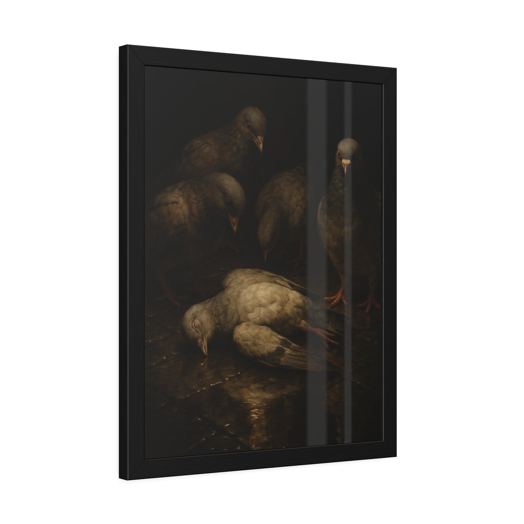 Four pigeons standing over a dead pigeon on wet pavement. The Lamentation by Garabaggio, framed fine art print hanging in a room.