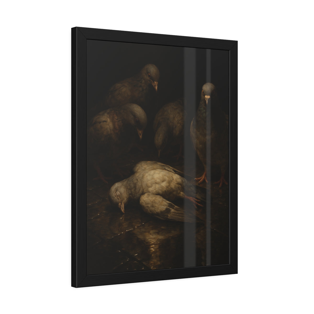 Four pigeons standing over a dead pigeon on wet pavement. The Lamentation by Garabaggio, framed fine art print hanging in a room.