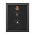 A bearded man leaning over a pile of dark phones, one screen lit. The Last Notification by Garabaggio, framed fine art print, 11″ x 14″.