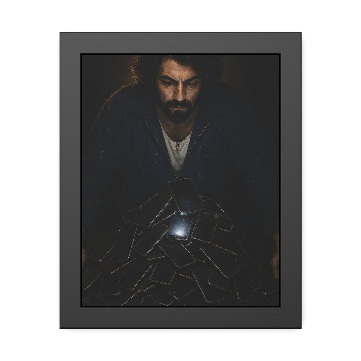 A bearded man leaning over a pile of dark phones, one screen lit. The Last Notification by Garabaggio, framed fine art print, 11″ x 14″.