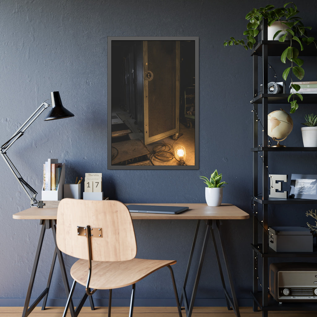 A perforated server rack door in a dark aisle lit by a floor work lamp. The Cold Aisle by Garabaggio, framed fine art print hanging in a room.