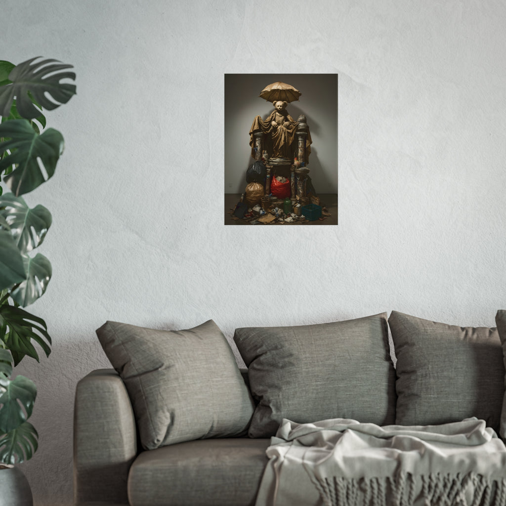 A teddy bear figure under an umbrella atop a pile of trash bags. Madonna of the Lost and Found by Garabaggio, fine art print hanging in a room.