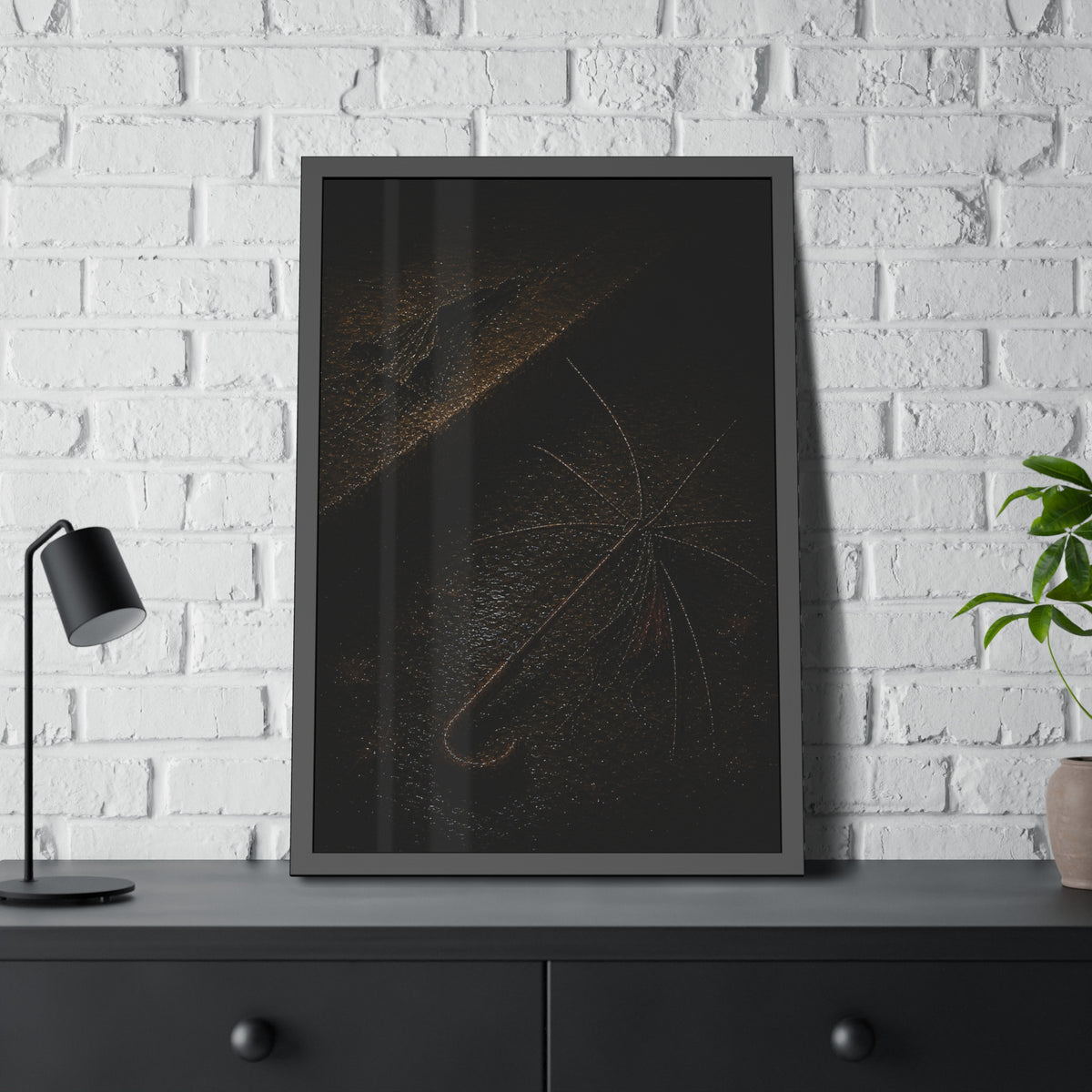 A stripped umbrella frame on wet pavement, its fabric torn away. The Stripping of the Canopy by Garabaggio, framed fine art print hanging in a room.