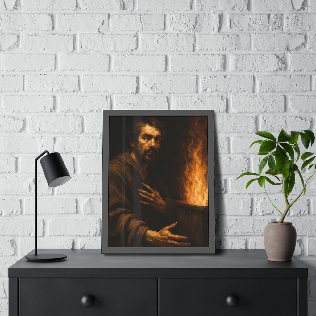 Bearded man with a hand on his chest beside flames rising from a bin. Self-Portrait as a Penitent by Garabaggio, framed fine art print hanging in a room.