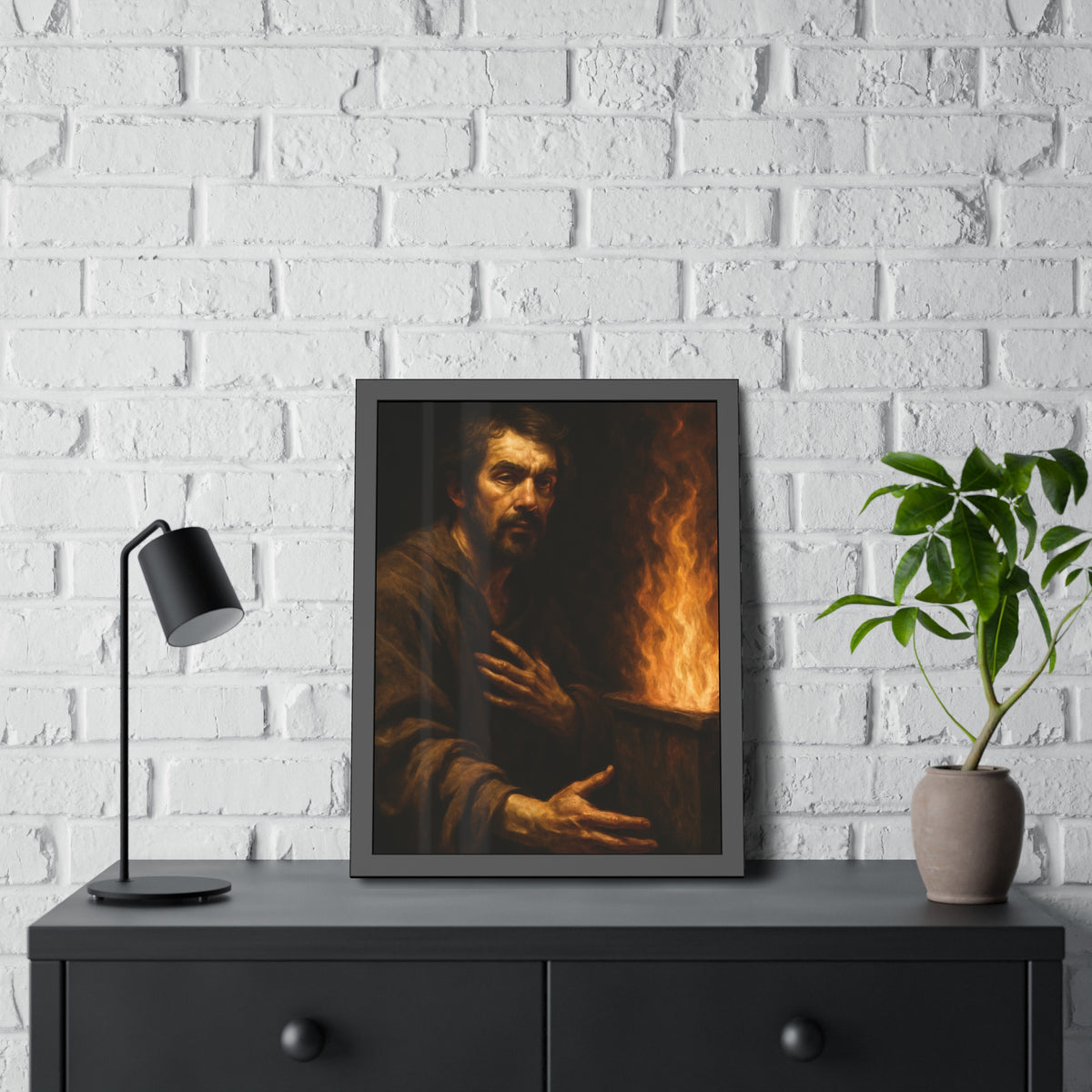 Bearded man with a hand on his chest beside flames rising from a bin. Self-Portrait as a Penitent by Garabaggio, framed fine art print hanging in a room.