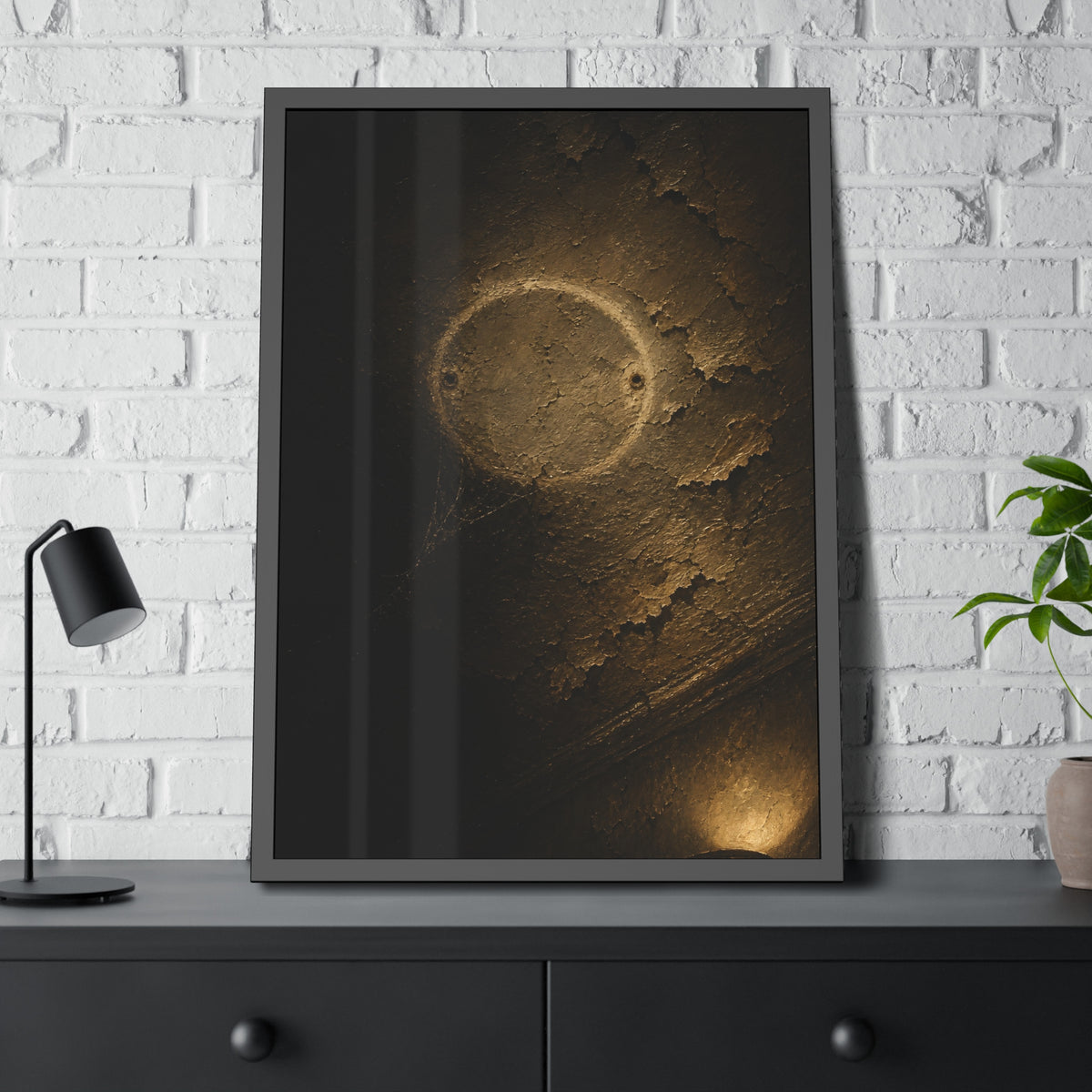 A pale ring and two screw holes on a peeling ceiling where a detector was. The Circle on the Ceiling by Garabaggio, framed fine art print hanging in a room.