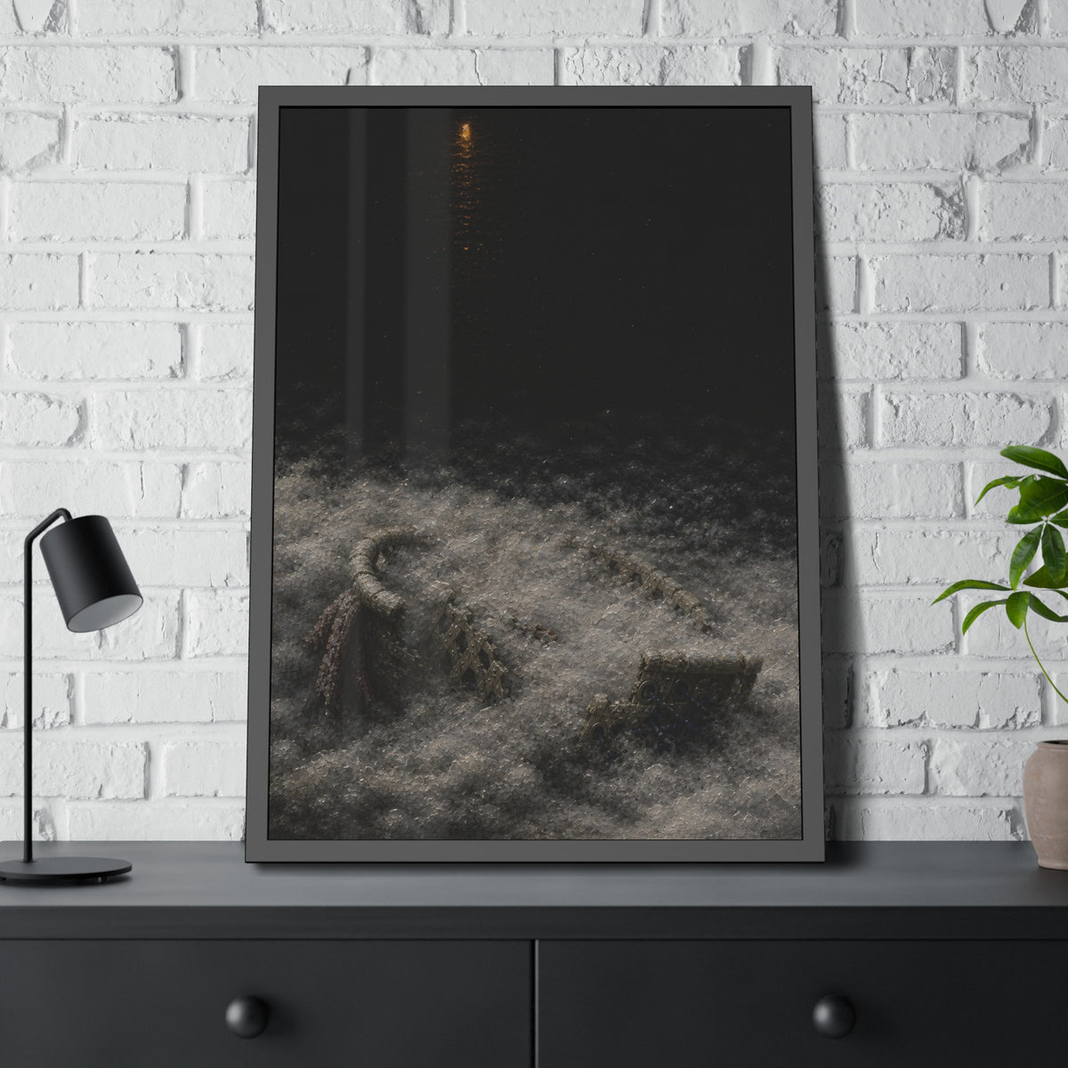 A broken laundry basket half buried in a snowbank under a distant light. Lattice in the Snowbank by Garabaggio, framed fine art print hanging in a room.