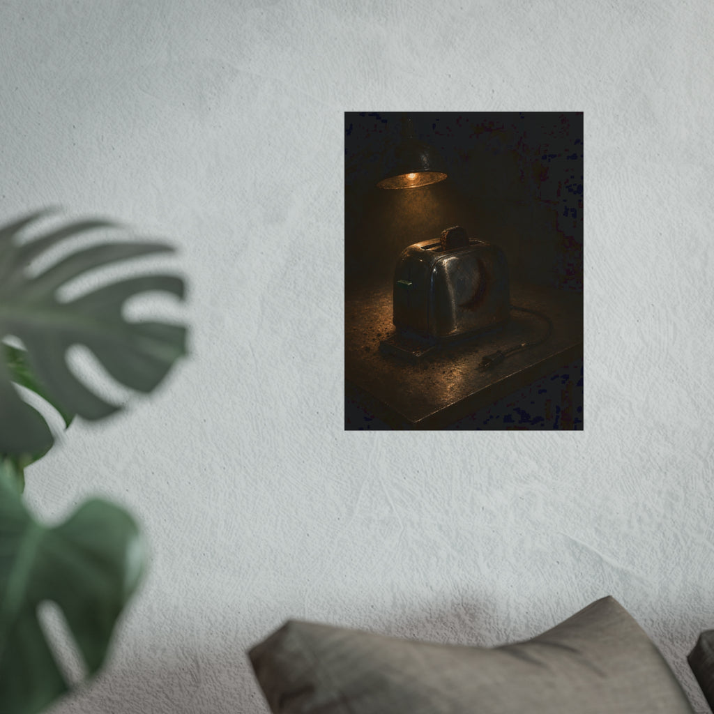 A scorched toaster under a work lamp, burnt toast standing in its slot. The Table of Examination by Garabaggio, fine art print hanging in a room.