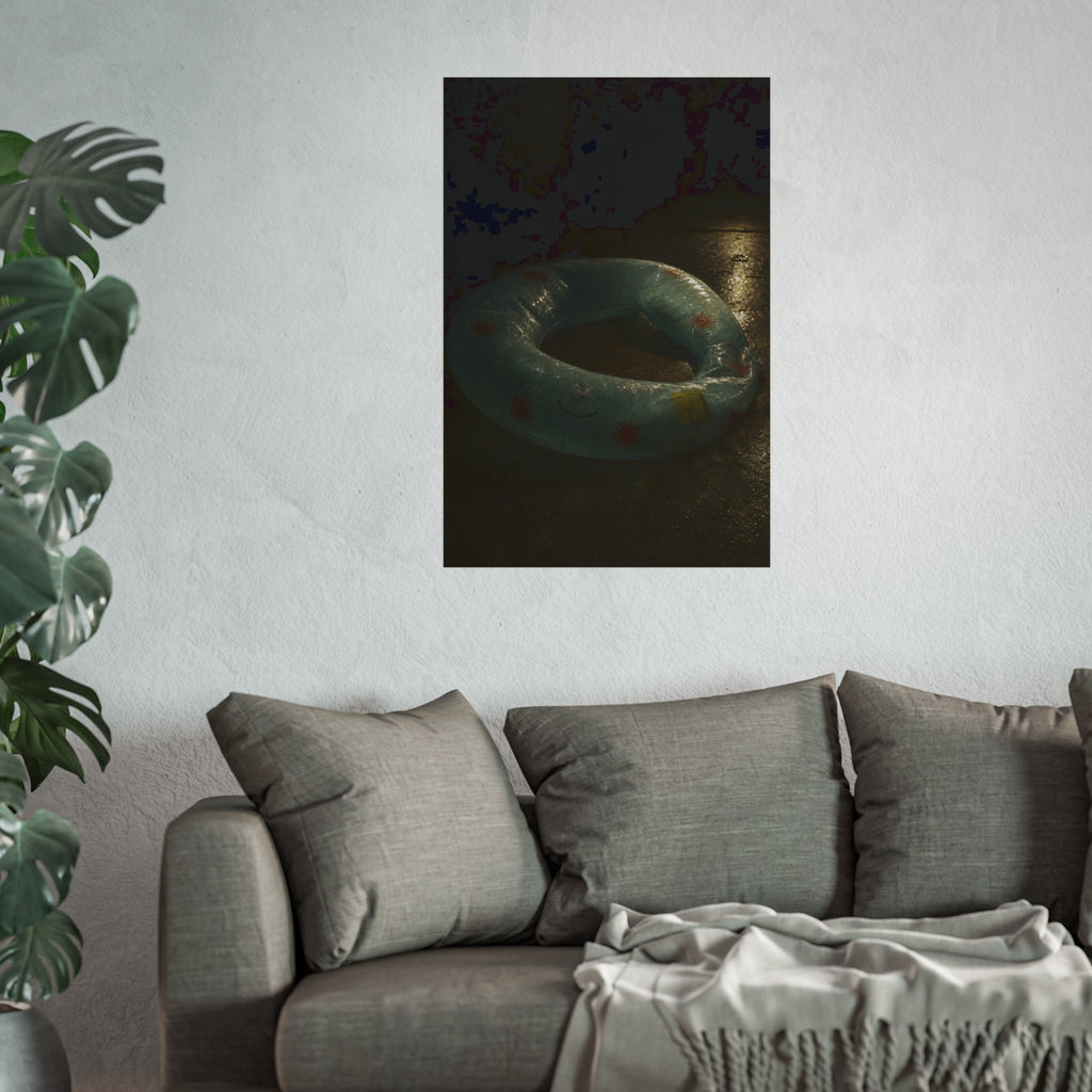 Deflated pool float ring on wet ground, lit from one side in the dark. After the Last Swim by Garabaggio, fine art print hanging in a room.