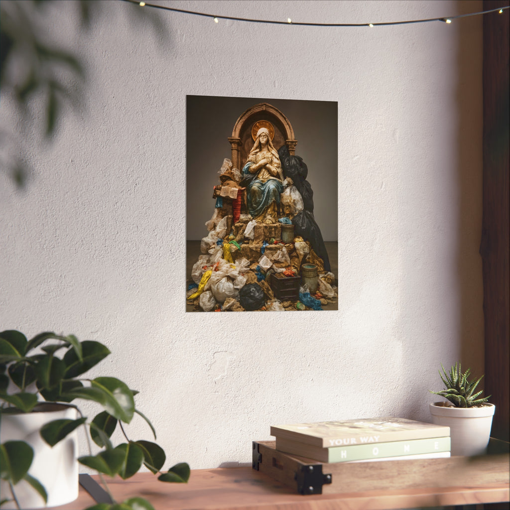 A robed statue on a mound of garbage bags in a gallery. The Immaculate Collection by Garabaggio, fine art print hanging in a room.