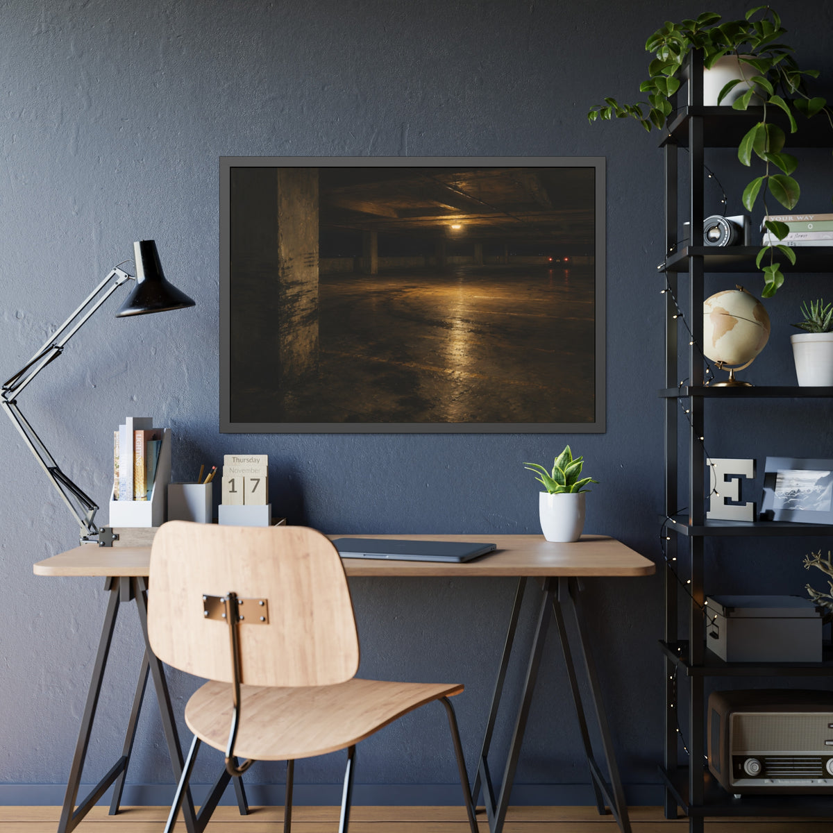 An empty concrete parking deck lit by one ceiling lamp, tail lights beyond. The Parking Garage, Level 4 by Garabaggio, framed fine art print hanging in a room.