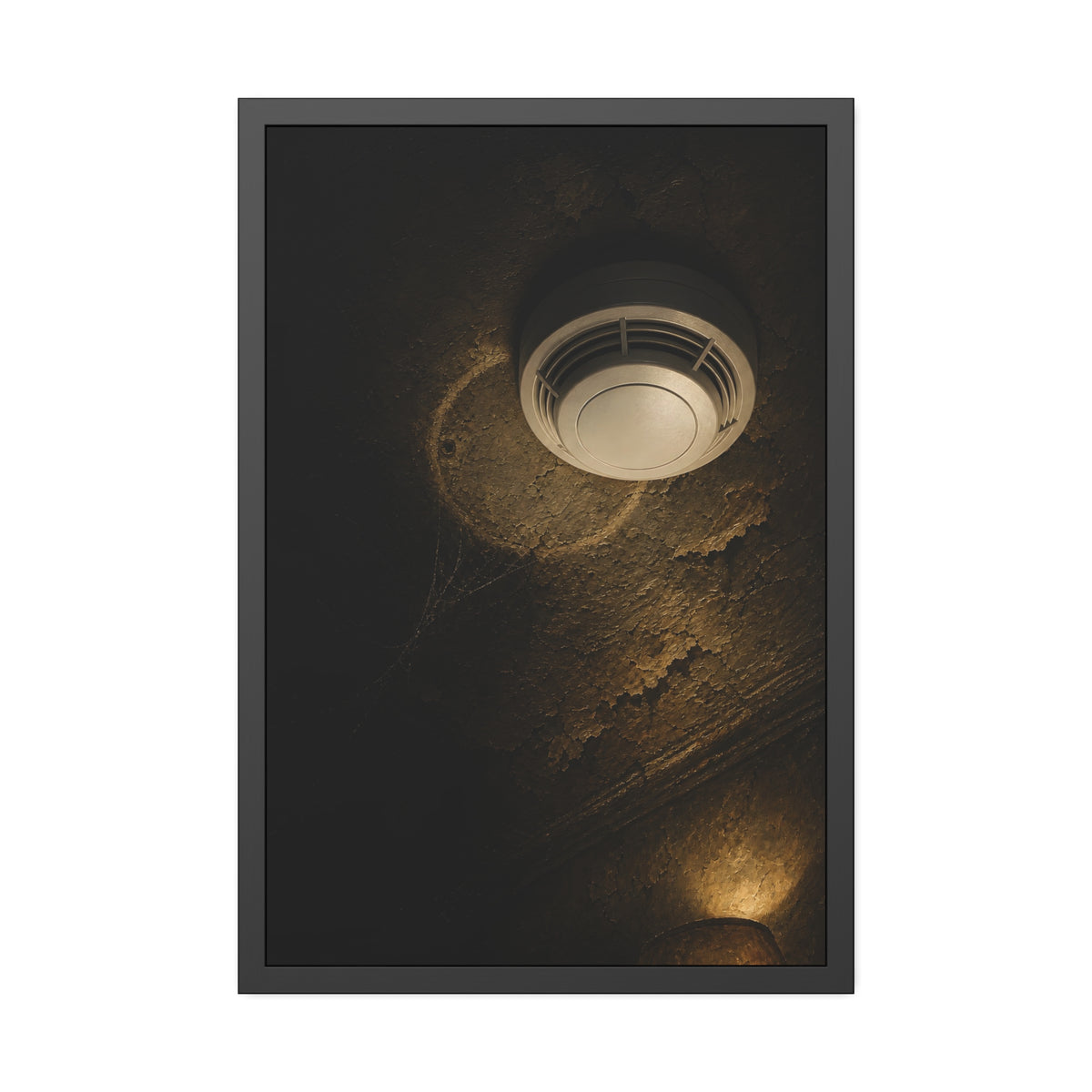 A new smoke detector on a stained ceiling next to an old mounting ring. The New Detector by Garabaggio, framed fine art print, 24″ x 36″.