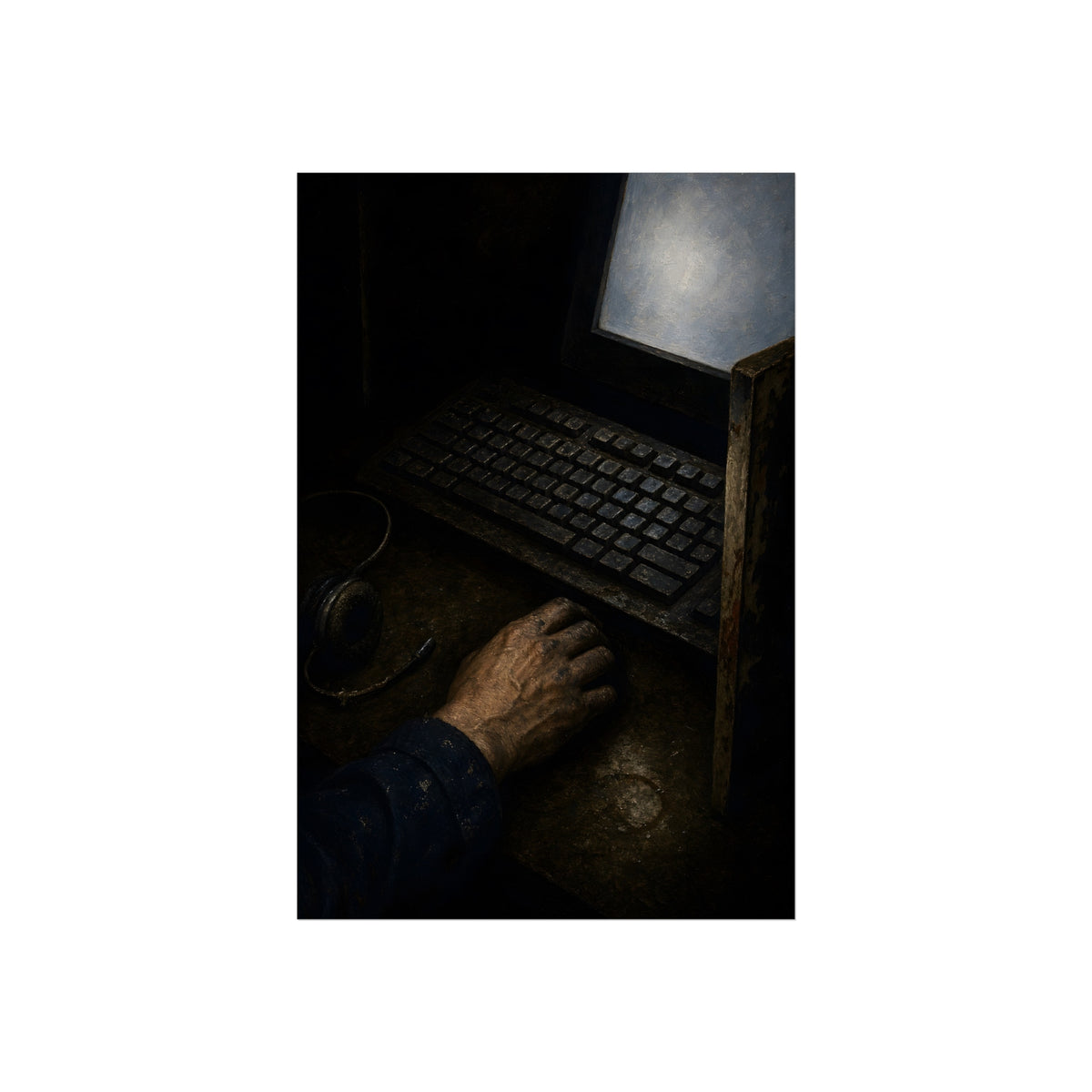 A hand on a mouse beside a grimy keyboard and a pale glowing screen. Login Before Dawn by Garabaggio, fine art print, 24″ x 36″.