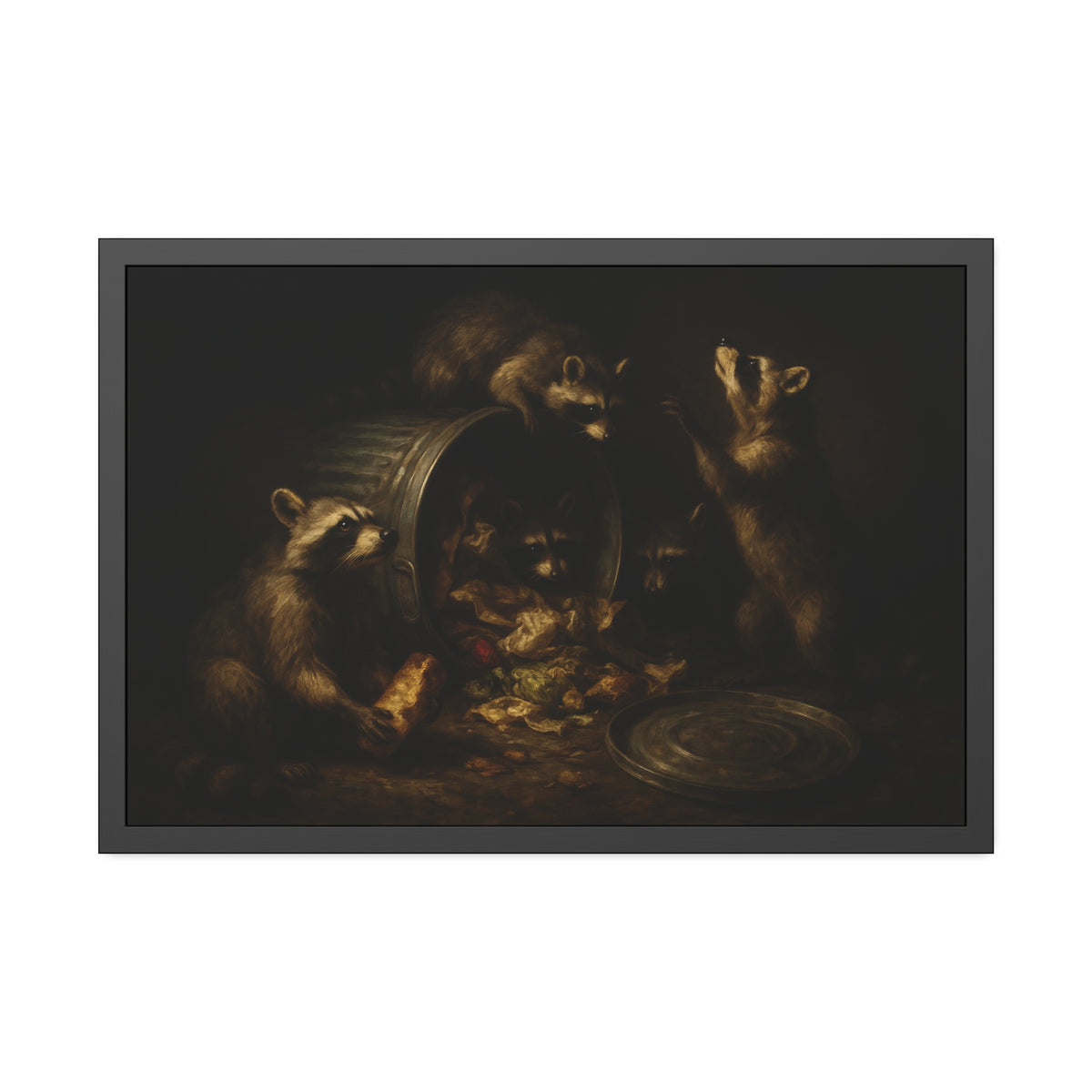 Raccoons around a tipped metal trash can, scattering food scraps. The Vigil of the Midnight Feast by Garabaggio, framed fine art print hanging in a room.