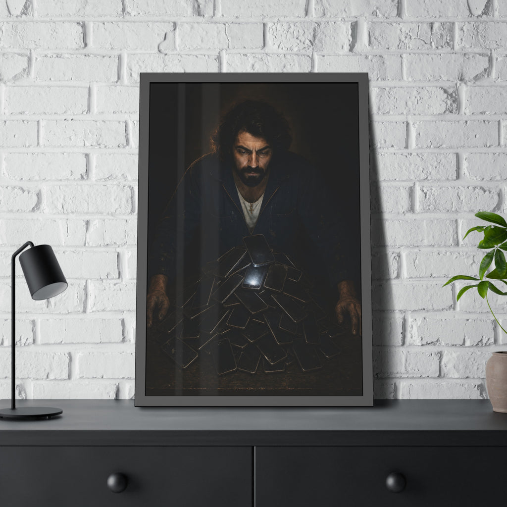 A bearded man leaning over a pile of dark phones, one screen lit. The Last Notification by Garabaggio, framed fine art print hanging in a room.