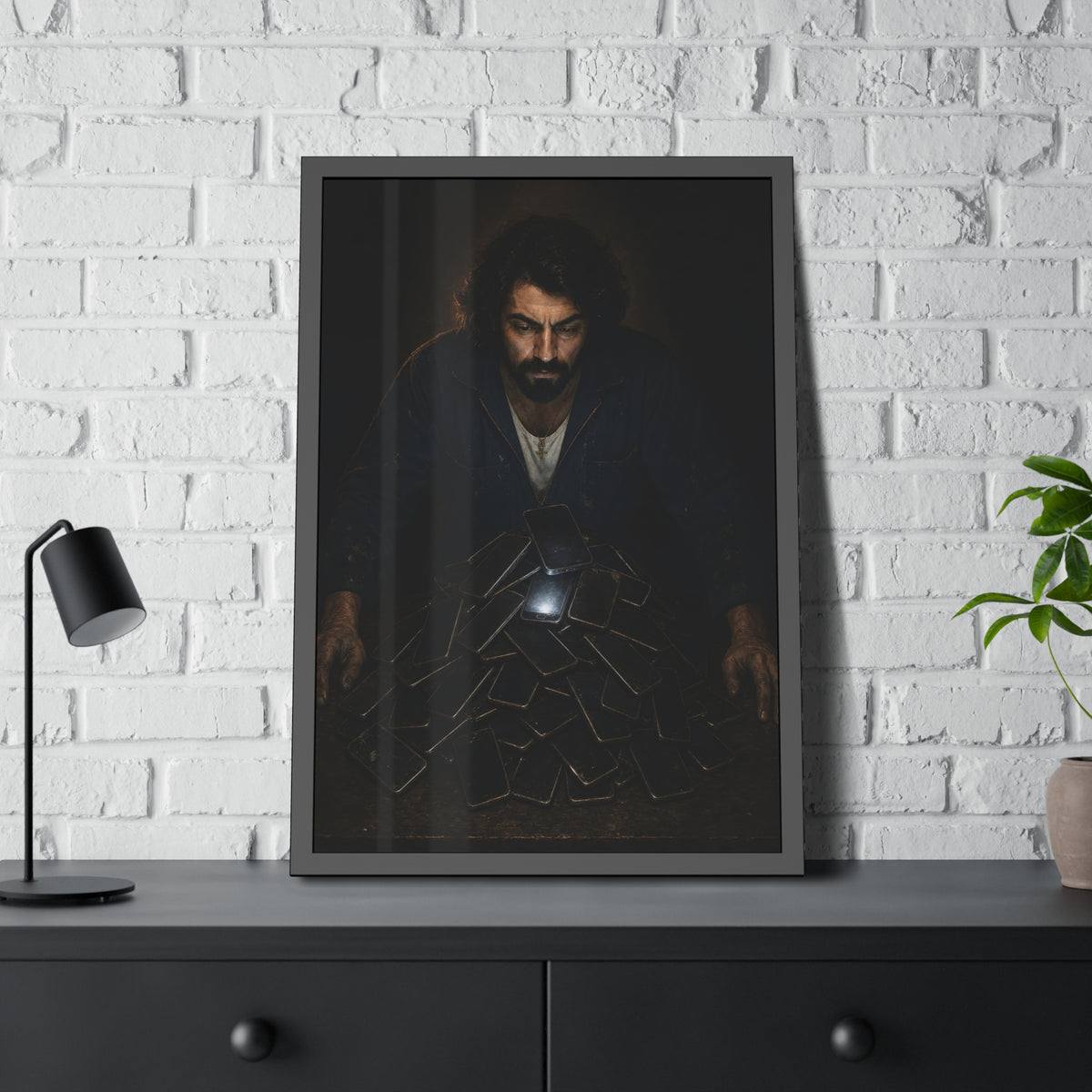 A bearded man leaning over a pile of dark phones, one screen lit. The Last Notification by Garabaggio, framed fine art print hanging in a room.