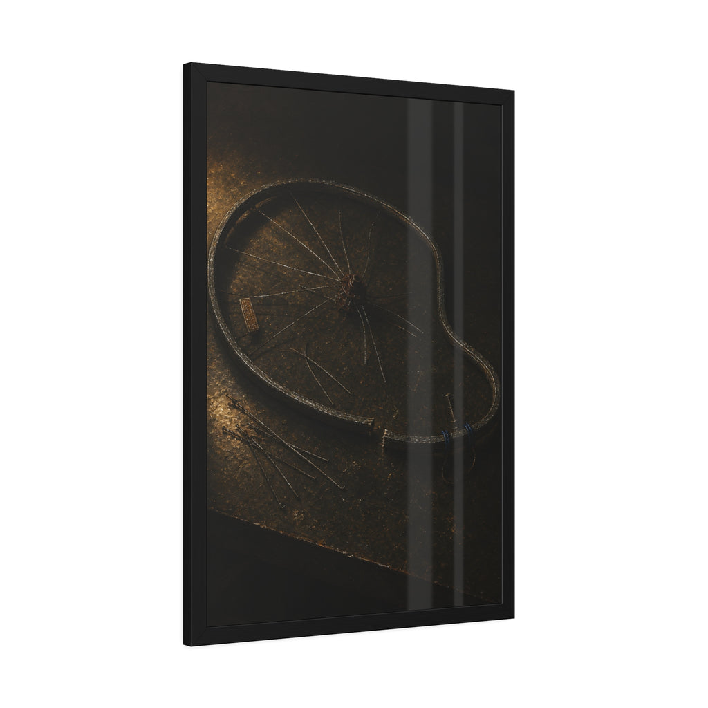 A bent bicycle wheel rim with loose spokes on a dark table in warm light. The Cutting of the Circle by Garabaggio, framed fine art print hanging in a room.