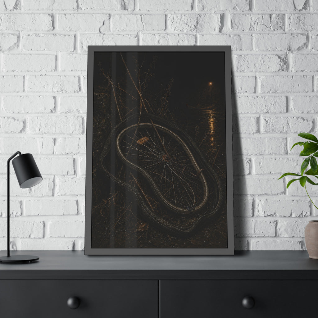 A bare bicycle wheel with its tire coiled around it on wet ground. The Removal of the Tire by Garabaggio, framed fine art print hanging in a room.