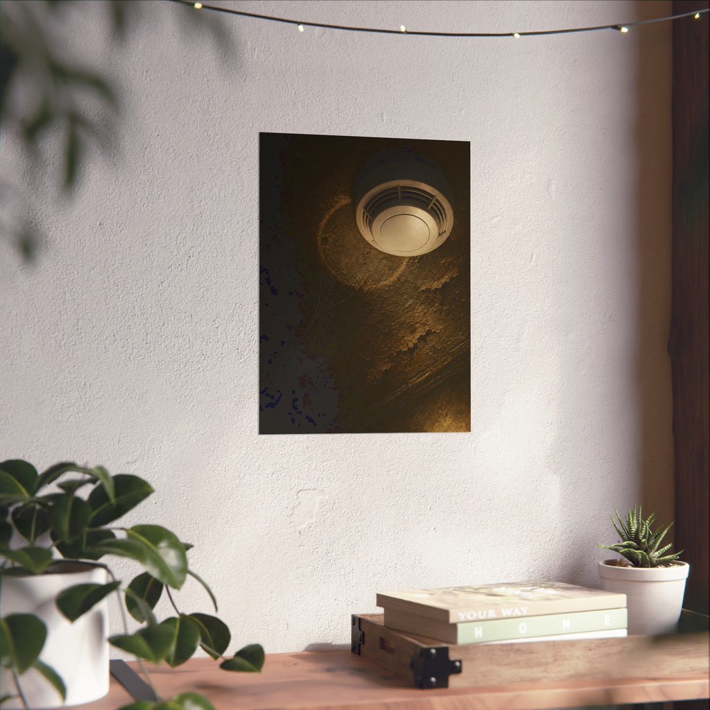 A new smoke detector on a stained ceiling next to an old mounting ring. The New Detector by Garabaggio, fine art print hanging in a room.