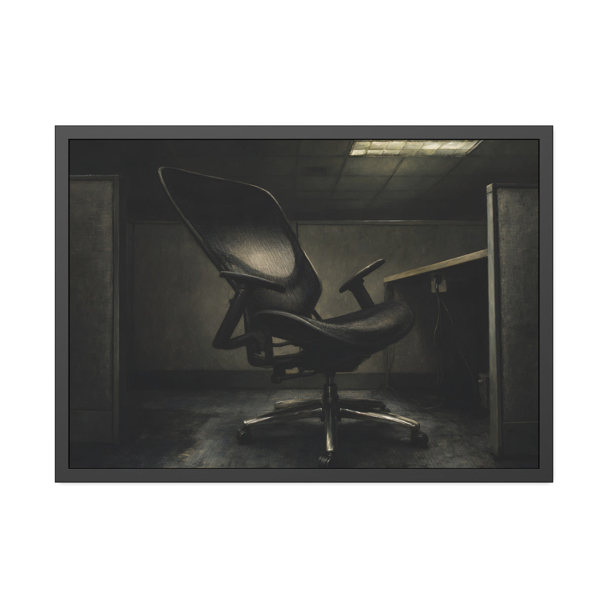 An office chair tilted back in an empty cubicle under one ceiling light. The Ergonomic Chair, Unlocked by Garabaggio, framed fine art print, 40″ x 28″.