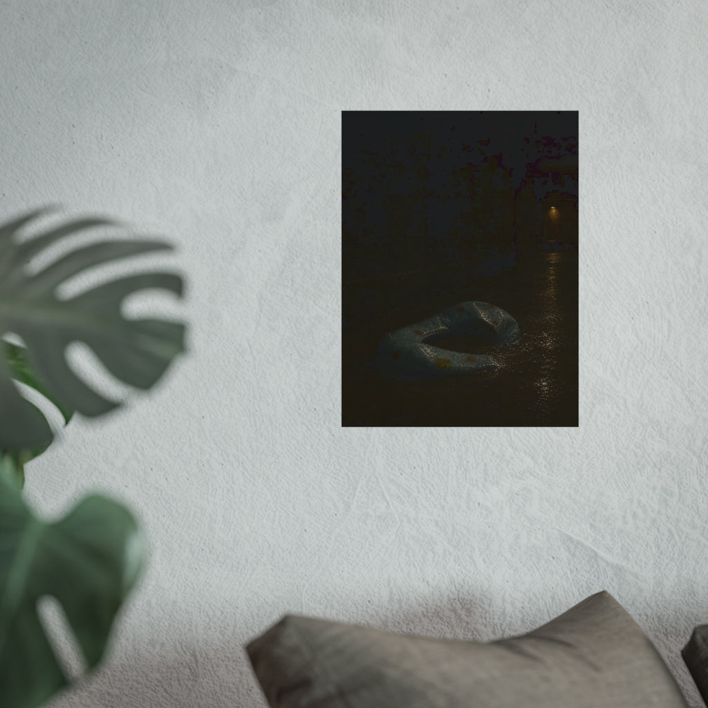 A deflated pool float ring on wet alley pavement, a lit doorway far behind. The Crossing of the Alley by Garabaggio, fine art print hanging in a room.