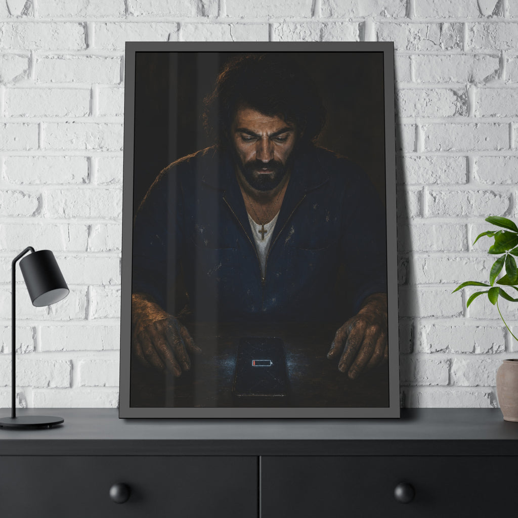 A man in a work jacket looks down at a phone showing a red low battery icon. The Calling at One Percent by Garabaggio, framed fine art print hanging in a room.