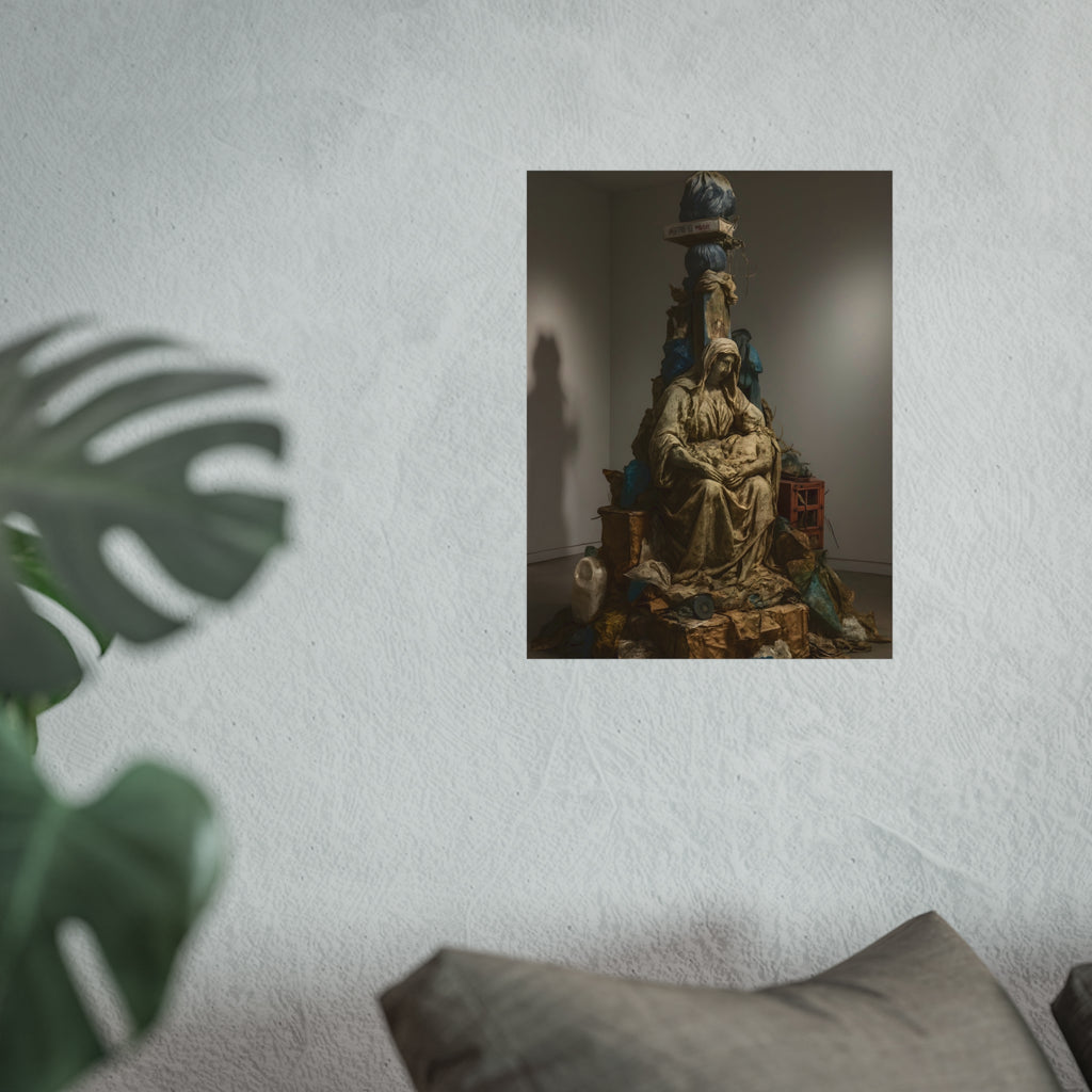 Seated hooded figure cradling a bundle on a mound of bagged refuse. Pietà of the Curbside by Garabaggio, fine art print hanging in a room.