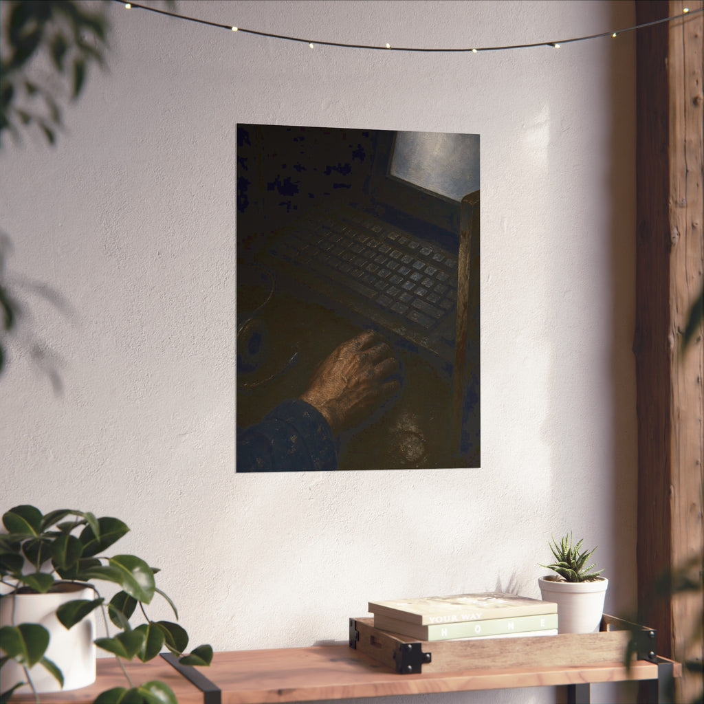 A hand on a mouse beside a grimy keyboard and a pale glowing screen. Login Before Dawn by Garabaggio, fine art print hanging in a room.
