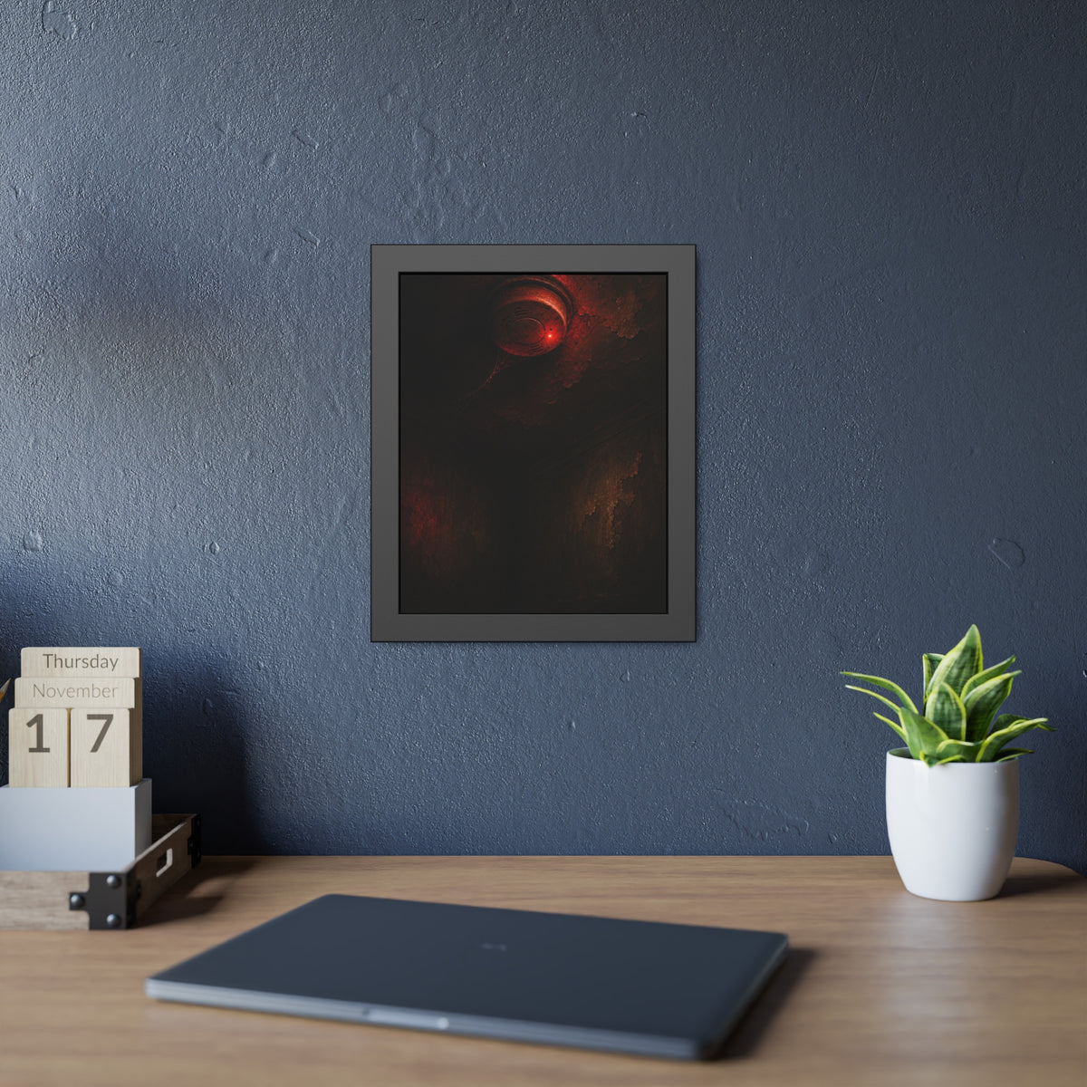 A ceiling smoke detector glowing red in an empty peeling room. The Alarm in an Empty Room by Garabaggio, framed fine art print hanging in a room.