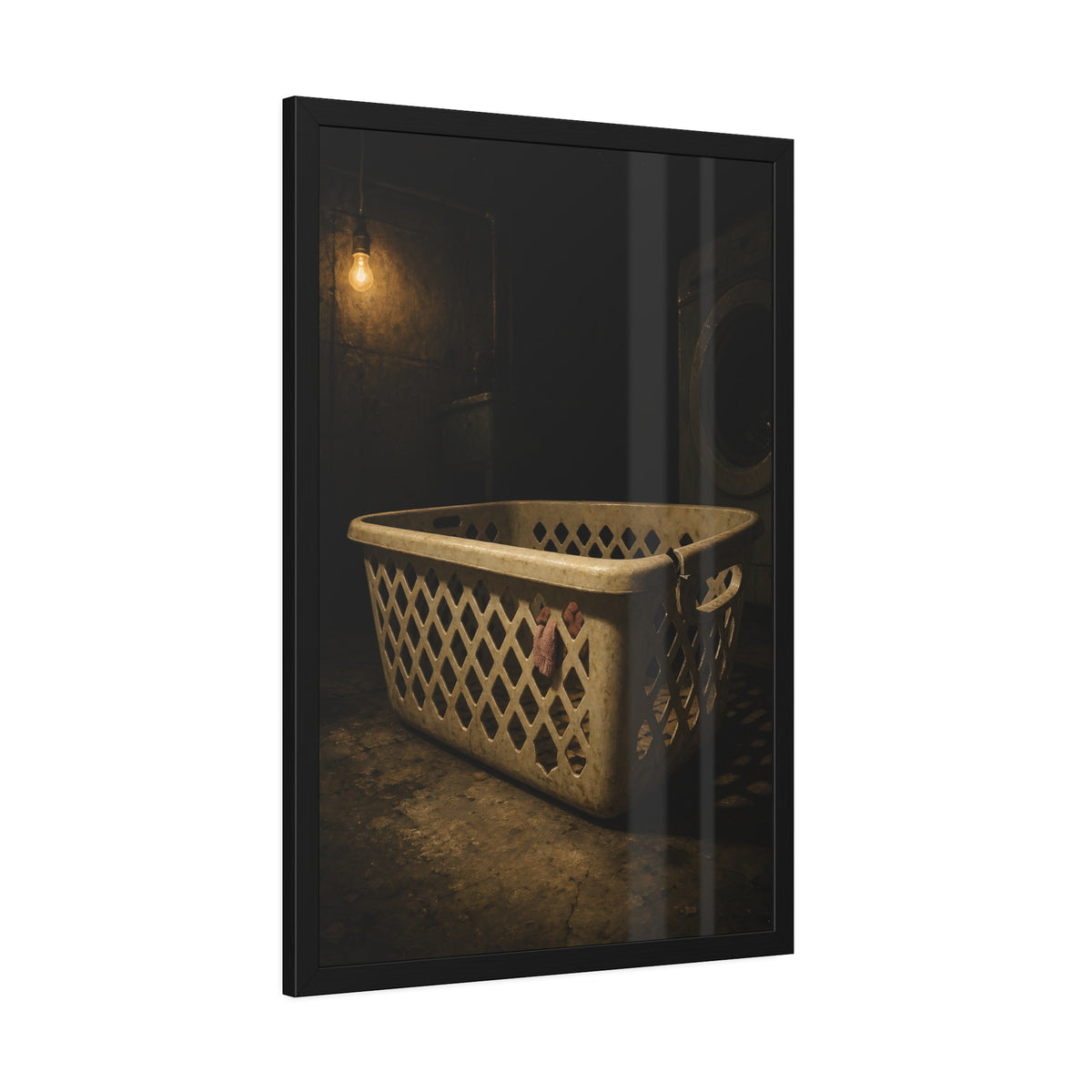 A plastic laundry basket on a basement floor under a bare hanging bulb. The First Split by Garabaggio, framed fine art print hanging in a room.