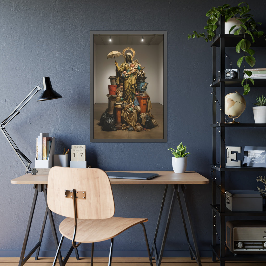 Robed figure with a halo and umbrella rising from trash bags and crates. Our Lady of Perpetual Shelter by Garabaggio, framed fine art print hanging in a room.