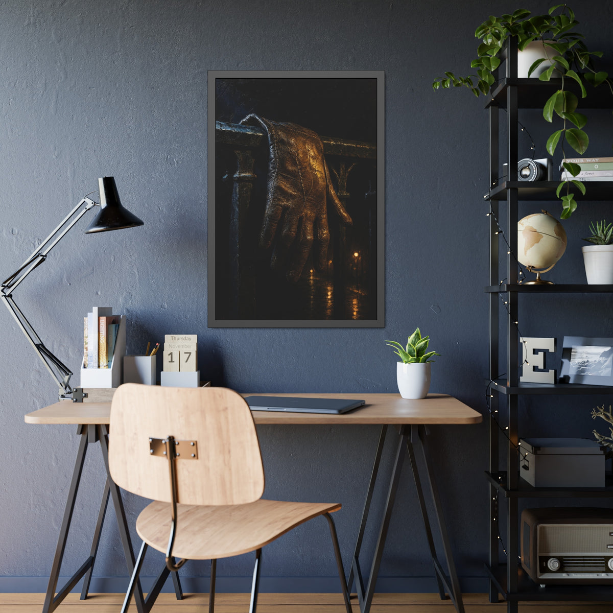 A leather glove draped over an iron railing, fingers hanging. The Repose of the Leather Glove, No. 1 by Garabaggio, framed fine art print hanging in a room.