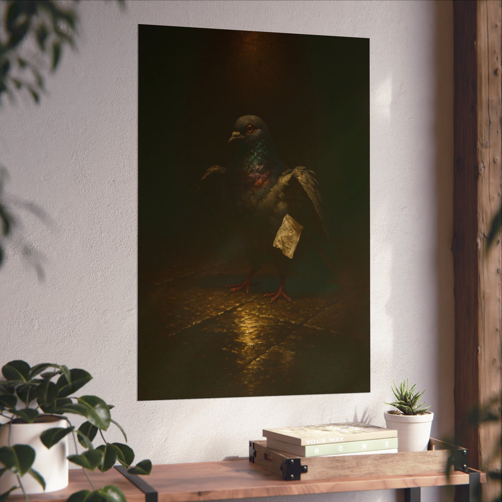 A pigeon with wings half raised, a paper scrap at its side. The Annunciation of the Common Pigeon by Garabaggio, fine art print hanging in a room.