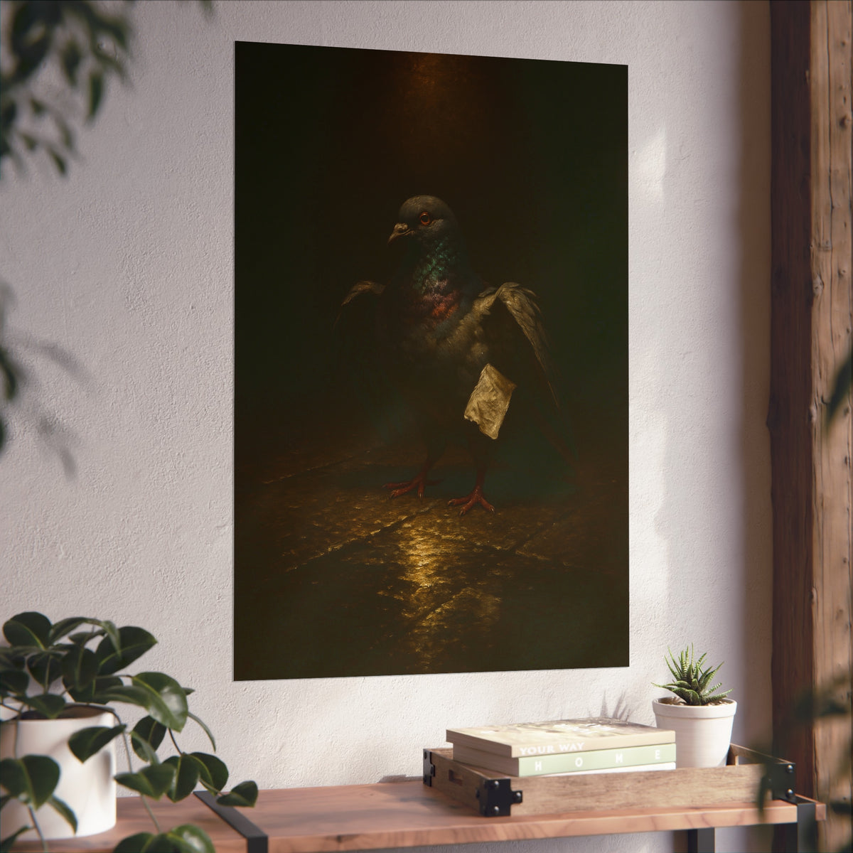 A pigeon with wings half raised, a paper scrap at its side. The Annunciation of the Common Pigeon by Garabaggio, fine art print hanging in a room.