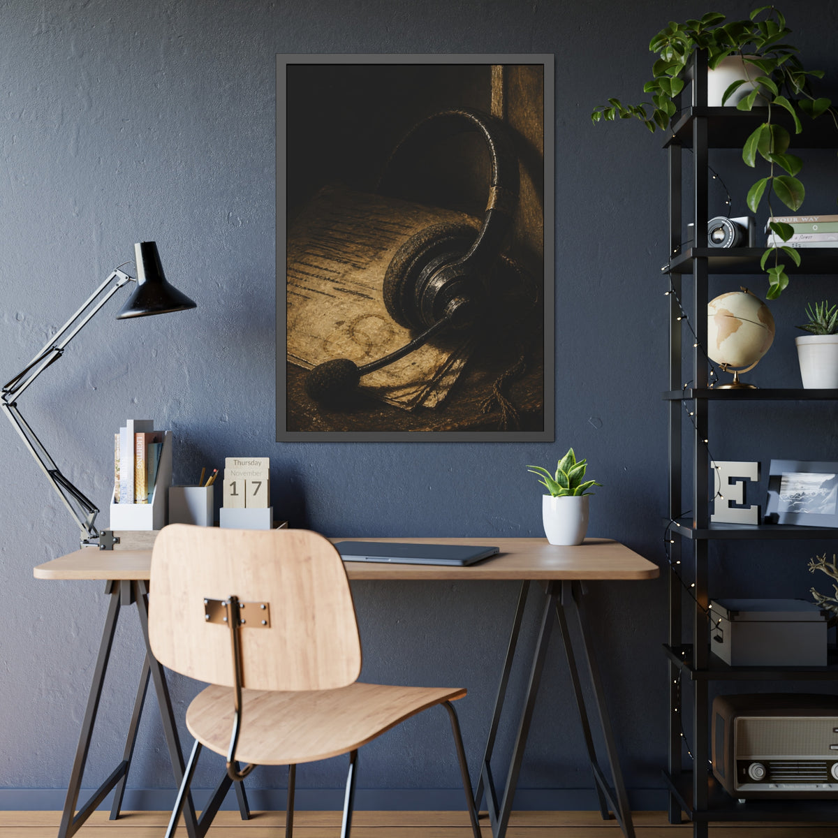 A worn headset resting on a printed script page with coffee rings. The Script Beside the Mouthpiece by Garabaggio, framed fine art print hanging in a room.