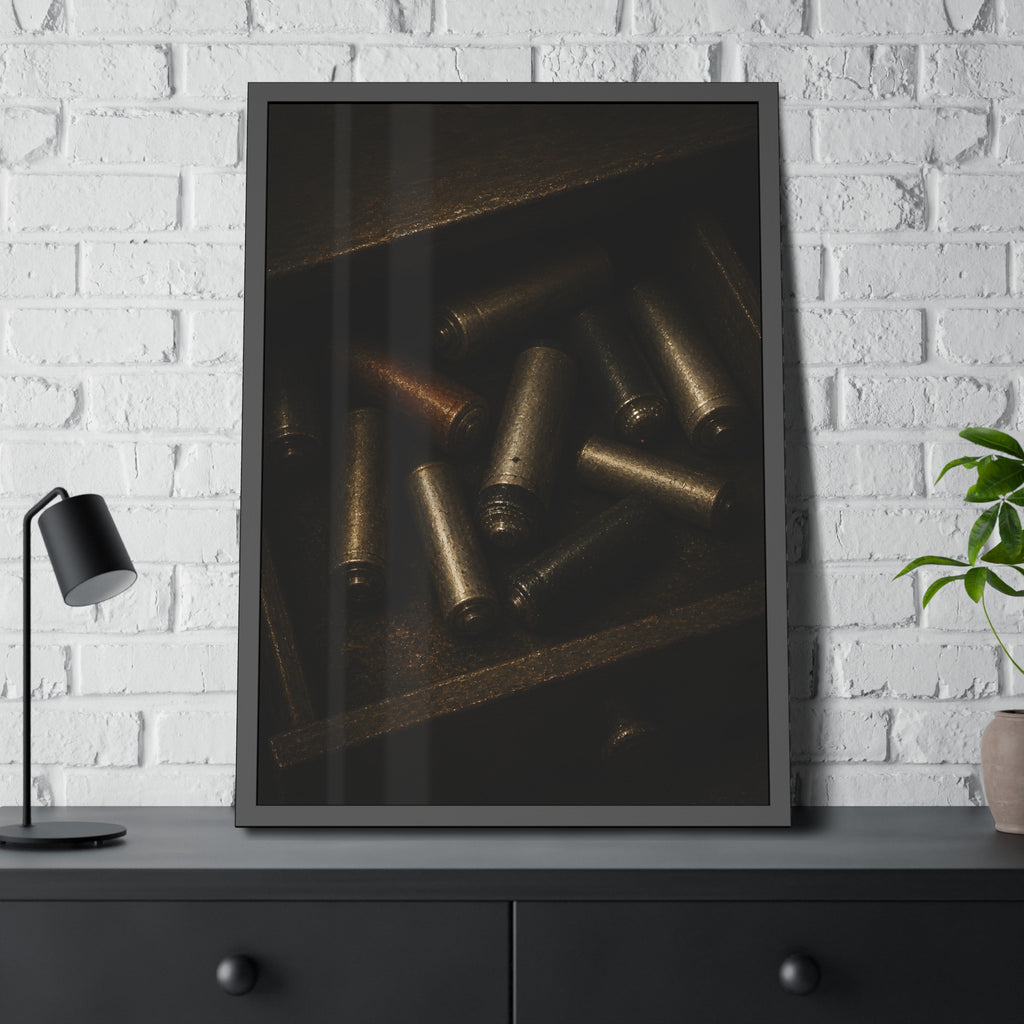 Old batteries loose in an open wooden drawer lit from above. The Drawer Congregation by Garabaggio, framed fine art print hanging in a room.