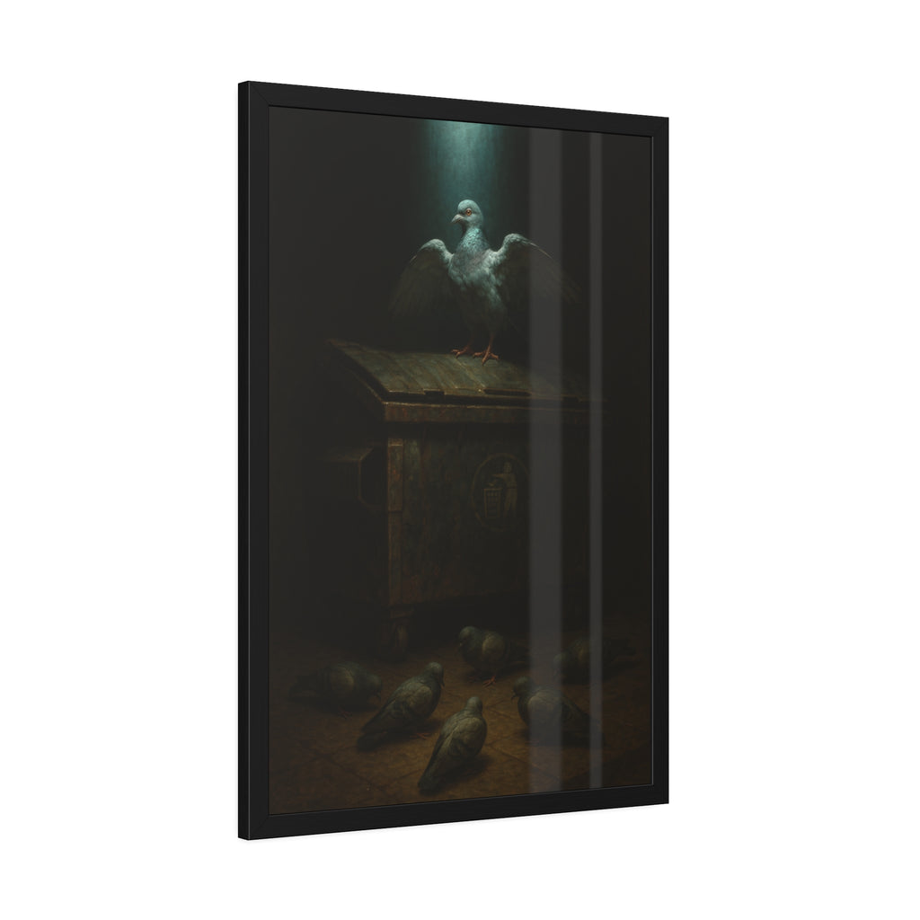 A pigeon with wings spread on a rusted dumpster lid. The Beatification of the Common Pigeon by Garabaggio, framed fine art print hanging in a room.