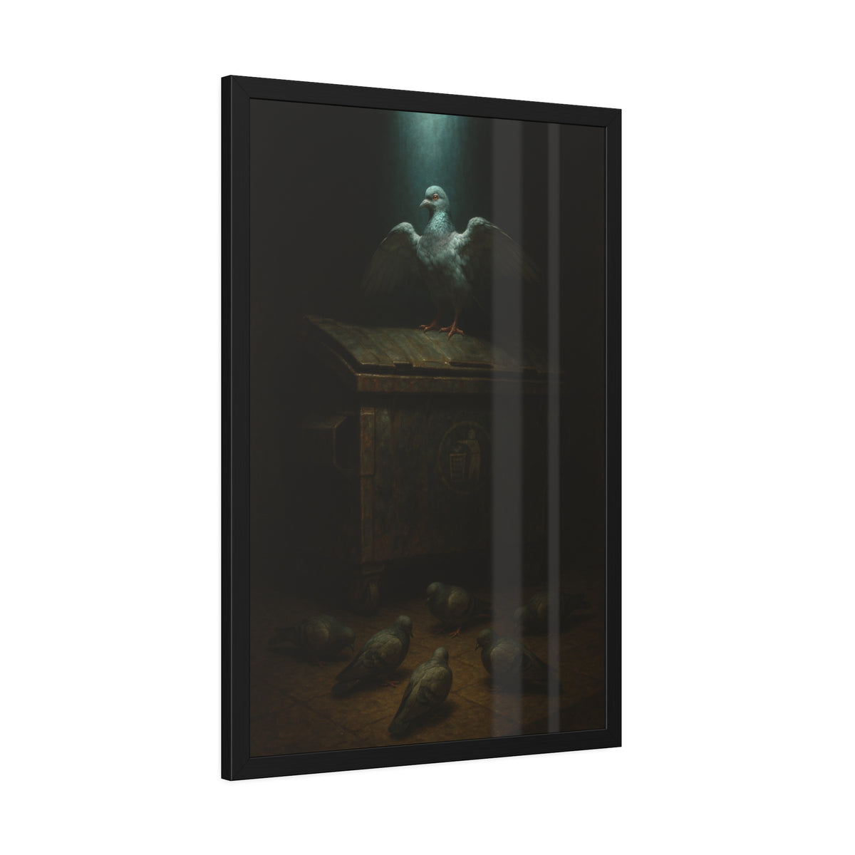 A pigeon with wings spread on a rusted dumpster lid. The Beatification of the Common Pigeon by Garabaggio, framed fine art print hanging in a room.