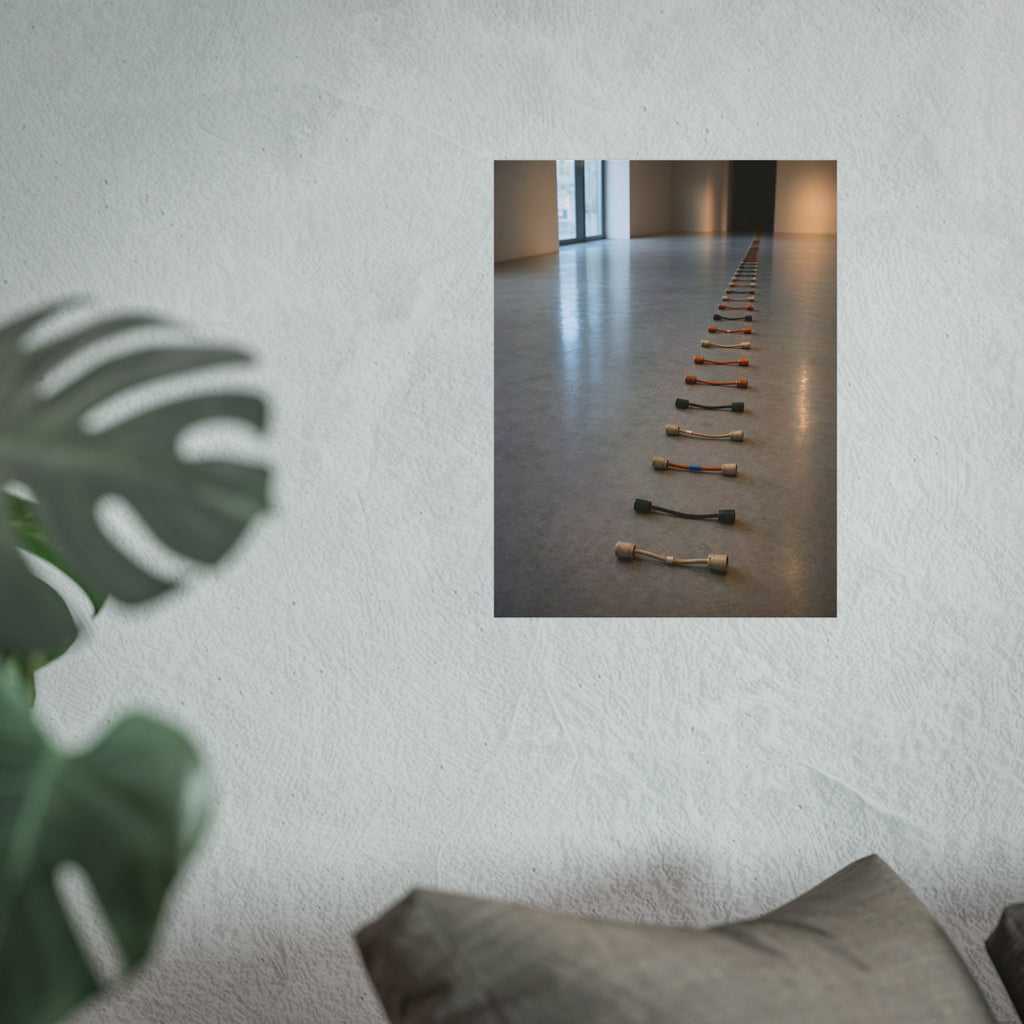 A long line of cut extension cord ends laid across a pale gallery floor. The Severed Procession by Garabaggio, fine art print hanging in a room.