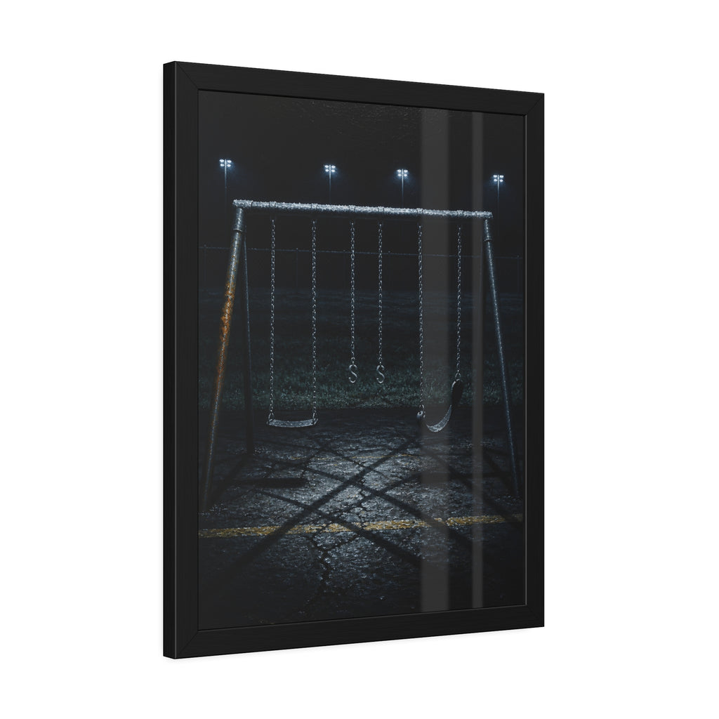 An empty swing set with a rusted leg on cracked asphalt. The Second Hour: The Rust Shaped Like a Hand by Garabaggio, framed fine art print hanging in a room.