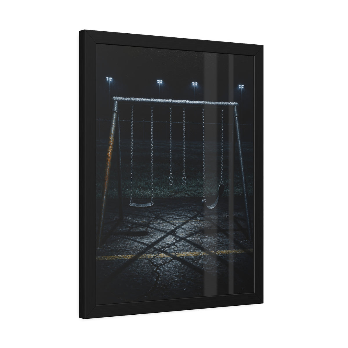 An empty swing set with a rusted leg on cracked asphalt. The Second Hour: The Rust Shaped Like a Hand by Garabaggio, framed fine art print hanging in a room.