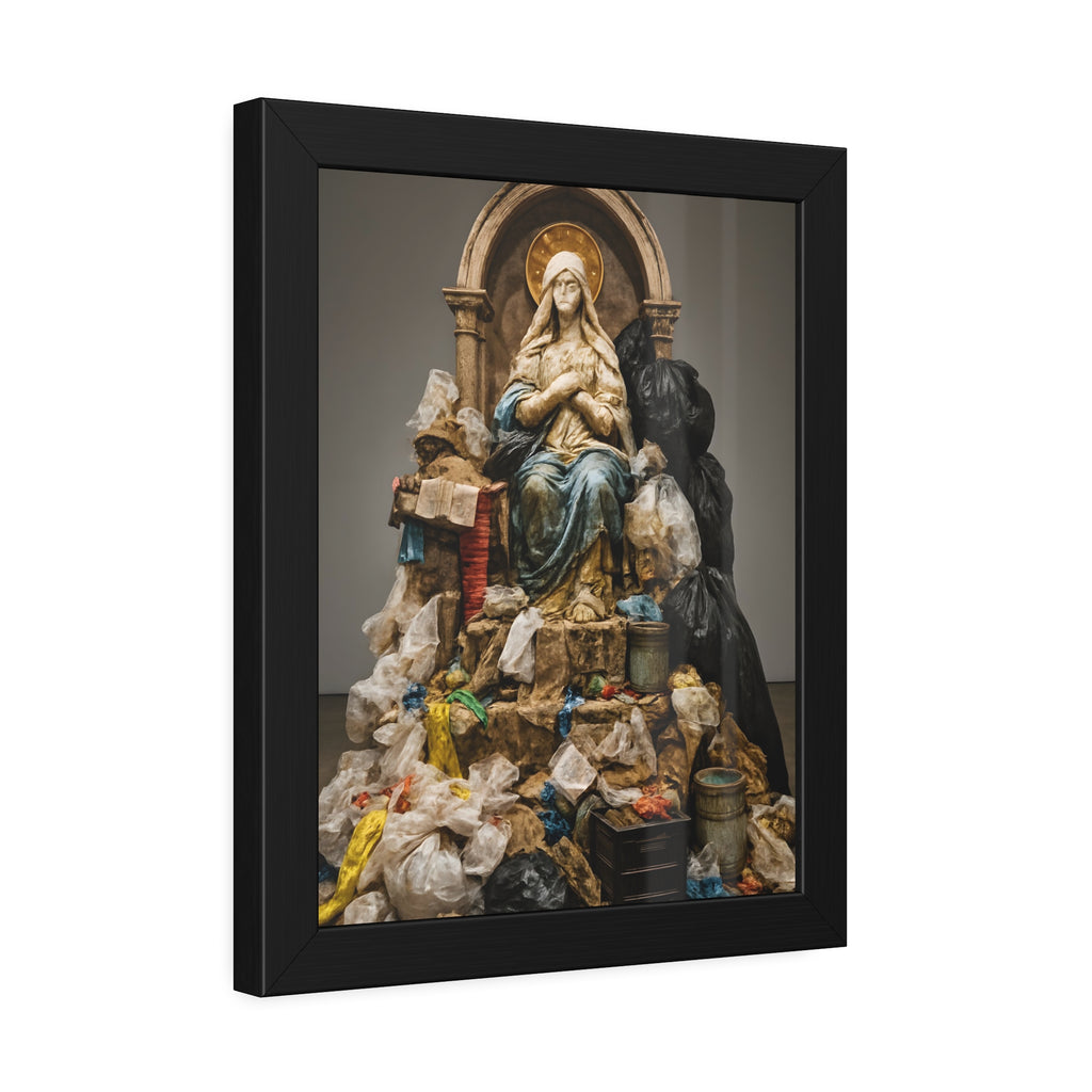A robed statue on a mound of garbage bags in a gallery. The Immaculate Collection by Garabaggio, framed fine art print hanging in a room.