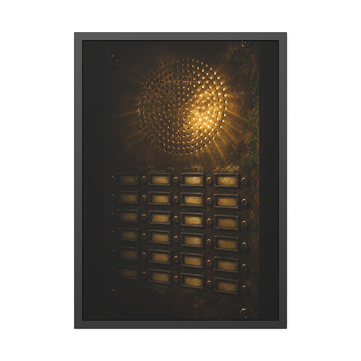 Light glowing through an intercom speaker grille above rows of buttons. Voice Through Perforations by Garabaggio, framed fine art print, 28″ x 40″.