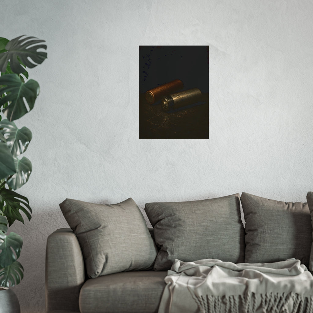 Two spent batteries lying side by side, one rusted, one bare metal. The Second Voice by Garabaggio, fine art print hanging in a room.